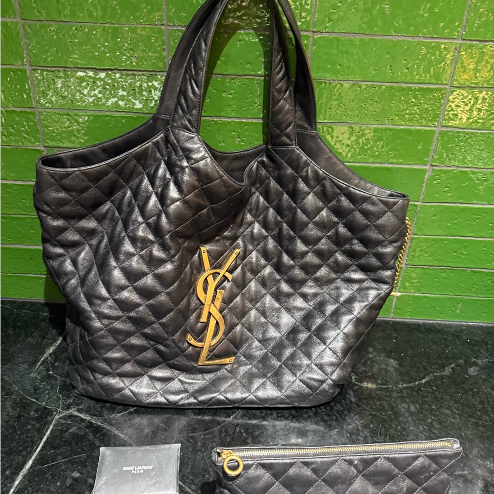 Yves Saint Laurent Quilted Black Tote with Gold Accents